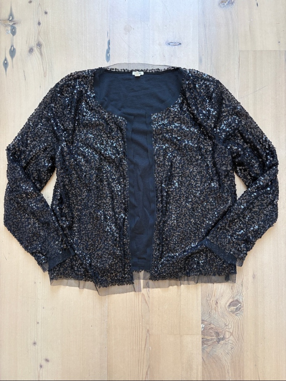 J. Crew Allover Black Sequin Open-Front Cardigan with Tulle and Pima Cotton - S